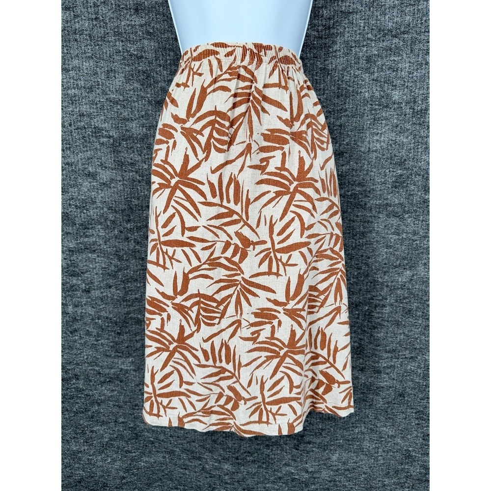 Vintage Orvis Skirt S Brown Leaf Print Linen Rayon A Line Pull On Midi Tropical